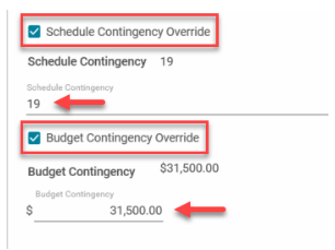 Screenshot of the Schedule Contingency Override and Budget Contingency Override box