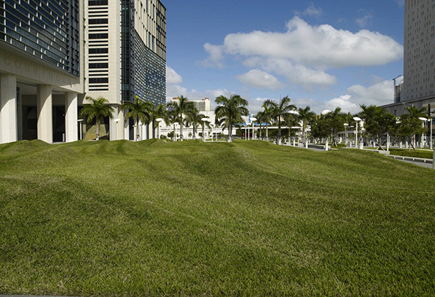 Sculpted lawns that mimic rippling water or sand with a building in the background