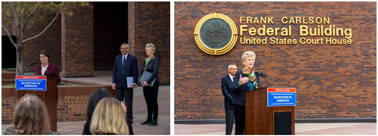 2 photos, a woman pictured in each speaking at a podium in front of a brick building