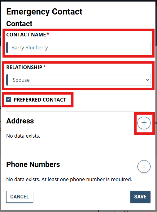 Emegency contact section with contact name, relationship, preferred contact, and plus icon highlighted