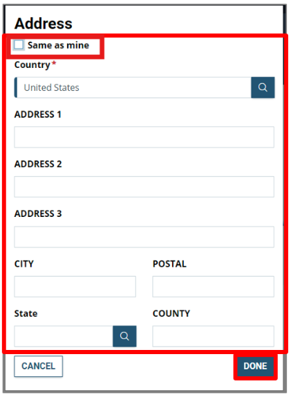 Address screen with address fields and same as mine checkbox highlighted