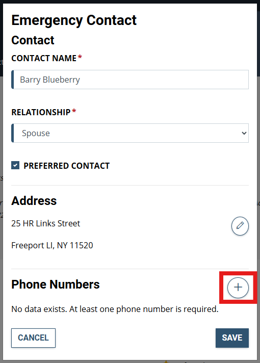Emergency contact screen with plus sign to add phone numbers highlighted