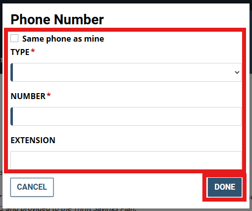 Phone number screen with same phone as mine, type, number, and extension highlighted