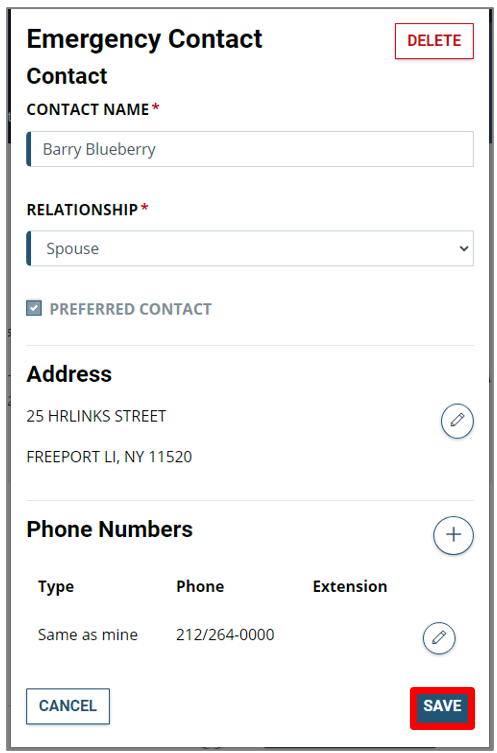 Emergency contacts screen with save button highlighted