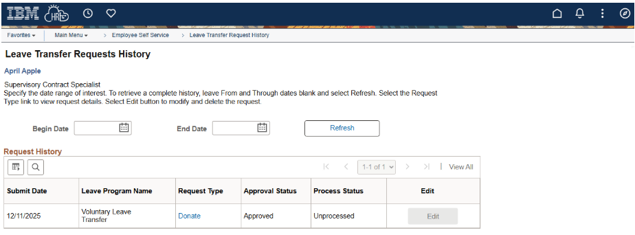 Screenshot of transfer request history page