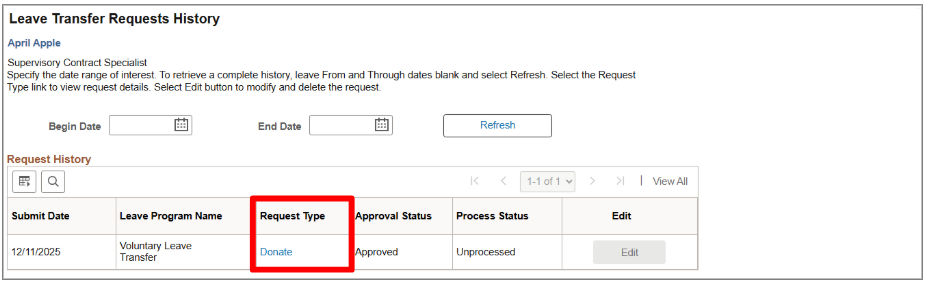Screenshot of transfer request history page with request type highlighted