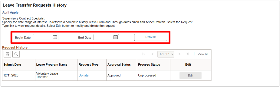 Screenshot of transfer request history page with Begin date highlighted