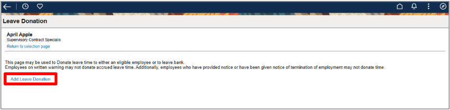 Screenshot of Manage Leave Donation with Add Leave Donation highlighted