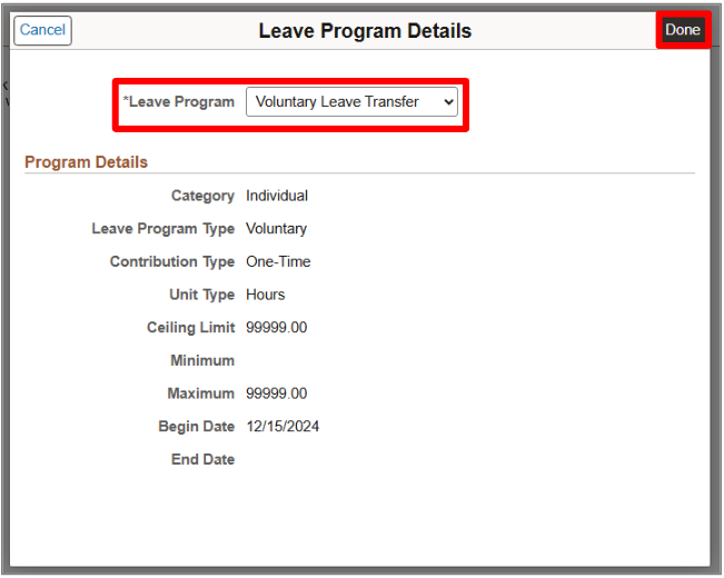 Screenshot of Leave Program details dialog box with Voluntary Leave Transfer highlighted