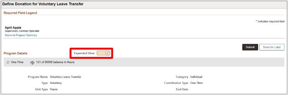 Screenshot of Leave Donation page dialog box with Expanded view highlighted