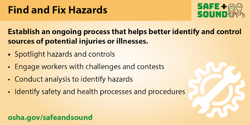Safe + Sound graphic that identifies workplace hazards and how to fix them. 
