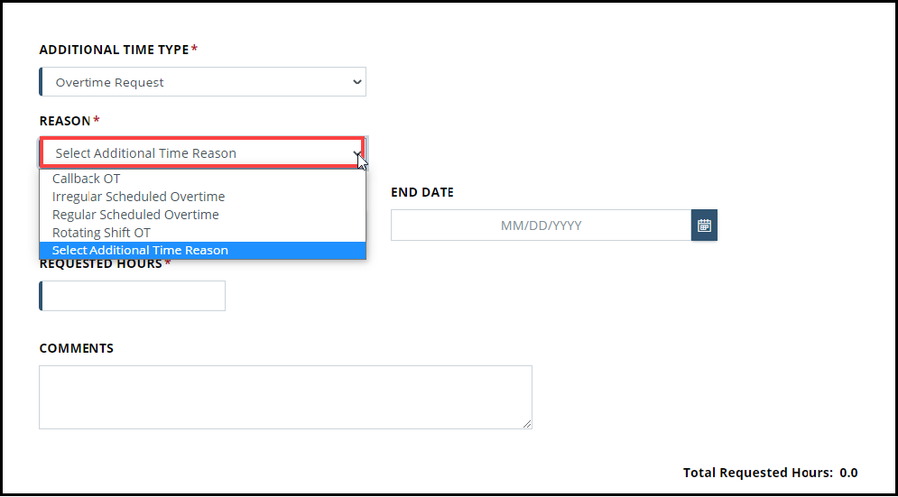 Create an Overtime Request screenshot with reason drop down expanded