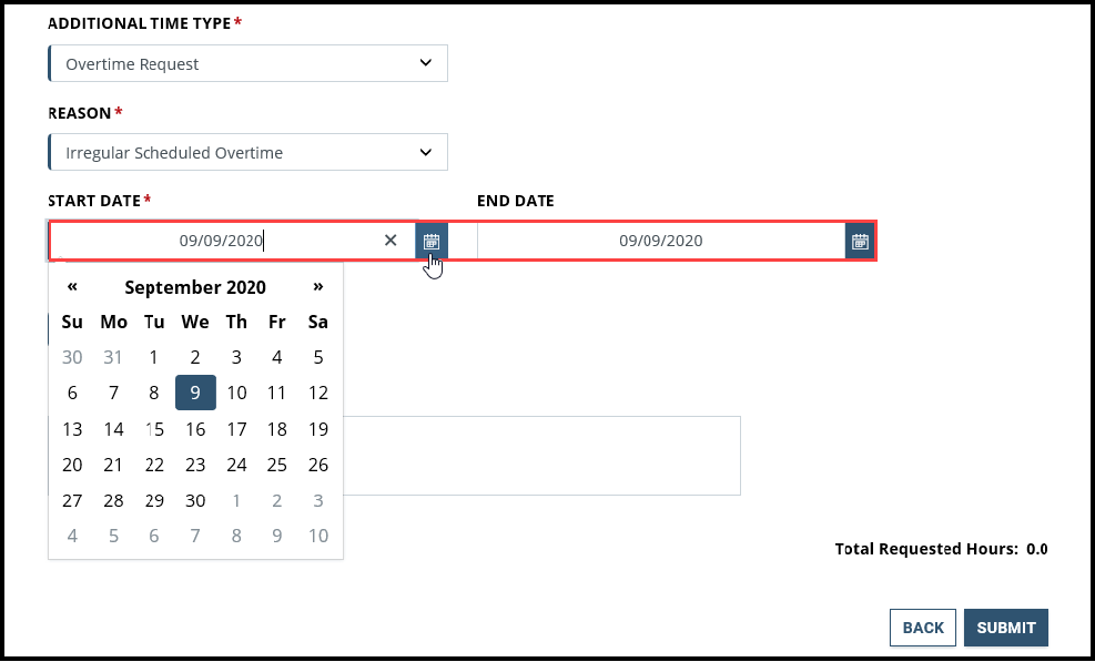 Screenshot of Additional Time page with Start Date calendar expanded