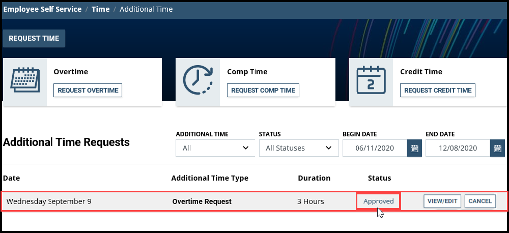 Screenshot of Additional Time page with status showing approved