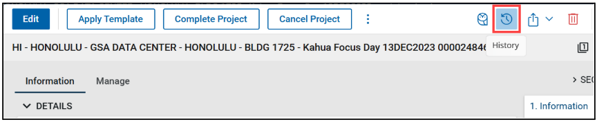 Screenshot of the Project Details screen with history button highlighted