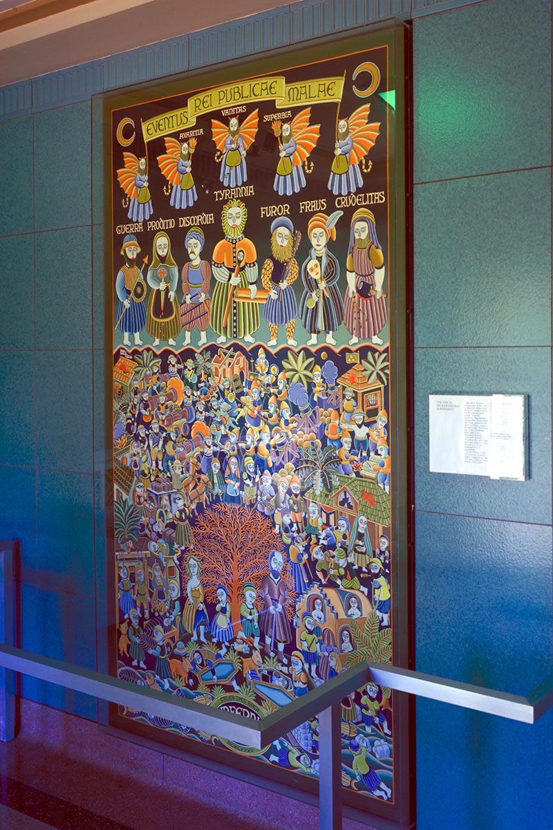 A framed artwork with Eventus Rei Publicae Malae across the top and stylized angels and people and community below