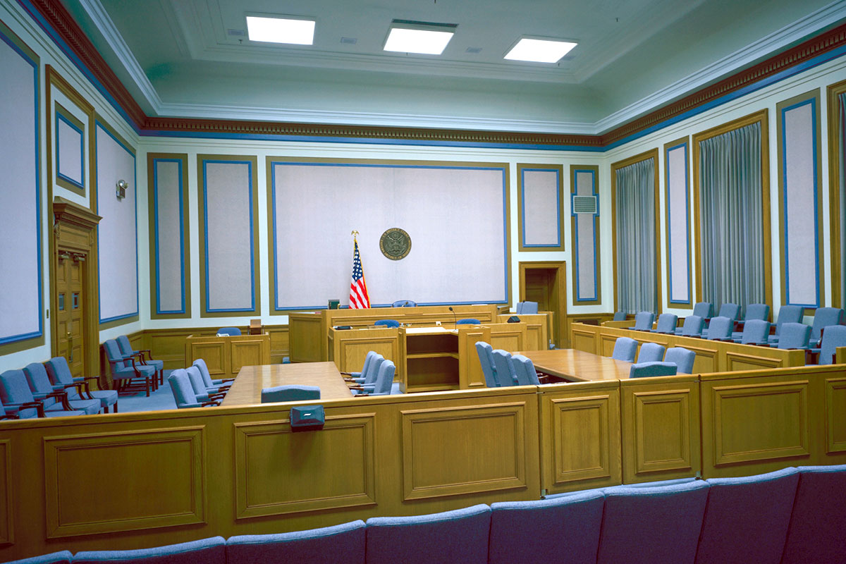 Courtroom interior with inset wall panels