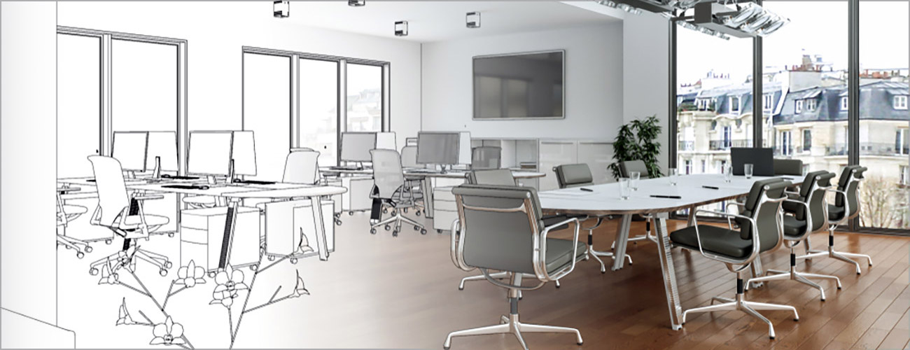 Interior white office with workstations, hanging lamps, windows and a conference table that goes from a stylized 3D rendering on the left into a photograph on the right