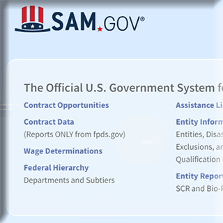 Clopseup of text on sam.gov website with words the official U.S. Government System.