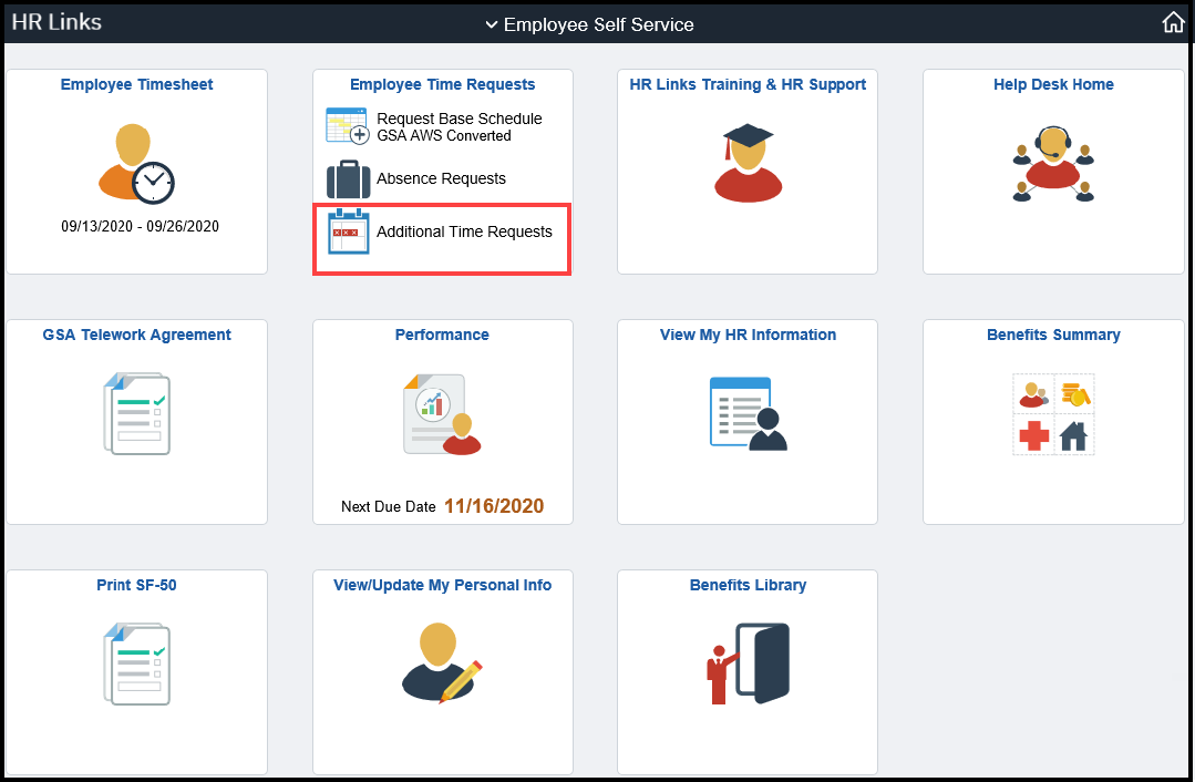 Screenshot of Additional Time page with Additional Time Requests highlighted