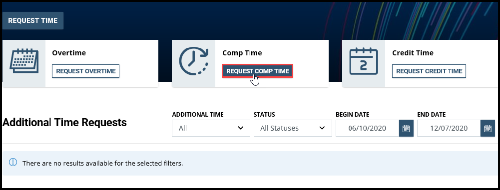 Screenshot of Additional Time page with Request Comp Time highlighted