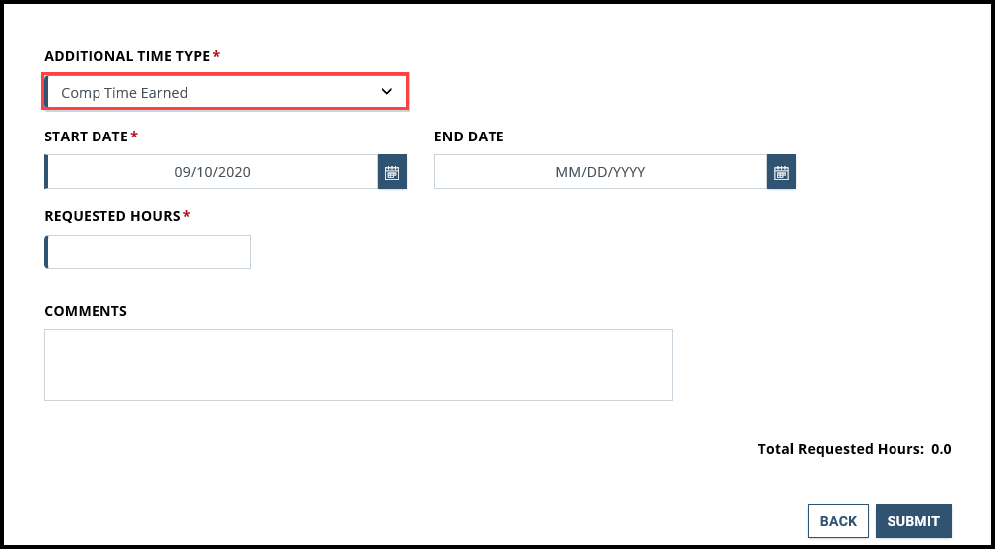 Screenshot of Additional Time page with Additional Time Type highlighted