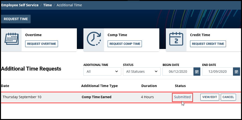 Screenshot of Additional Time page with status as submitted