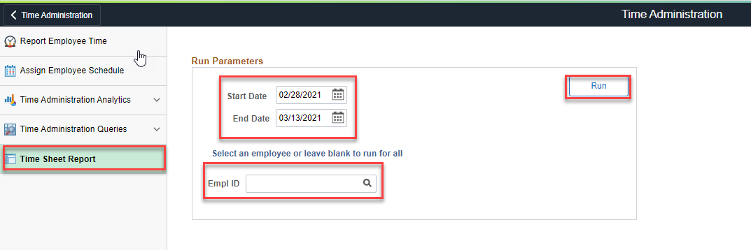 Screenshot of the Timesheet Report page with the Start Date, End Date, Empl ID and Run highlighted
