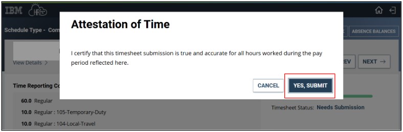Attestation of time dialog box with yes, submit highlighted