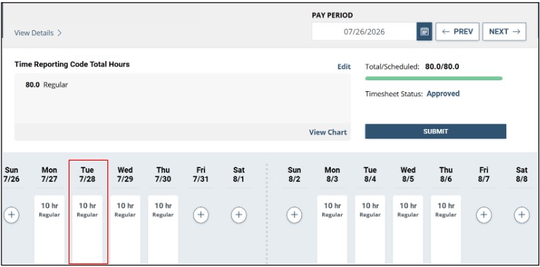Screenshot of Employee Timesheet with day selected