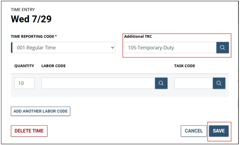 Time entry dialog box with save highlighted