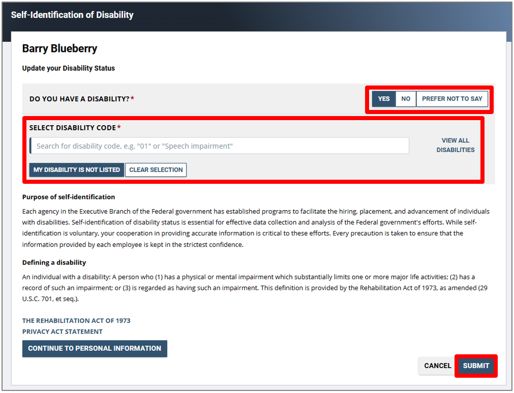 seld-identification of disability screen with select disability code selected