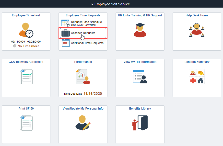 Screenshot of the employee self service Page with Absence Requests highlighted