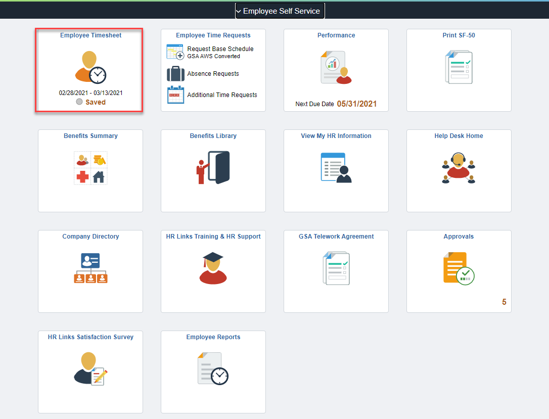 Screenshot of the employee self service page with employee timesheet highlighted