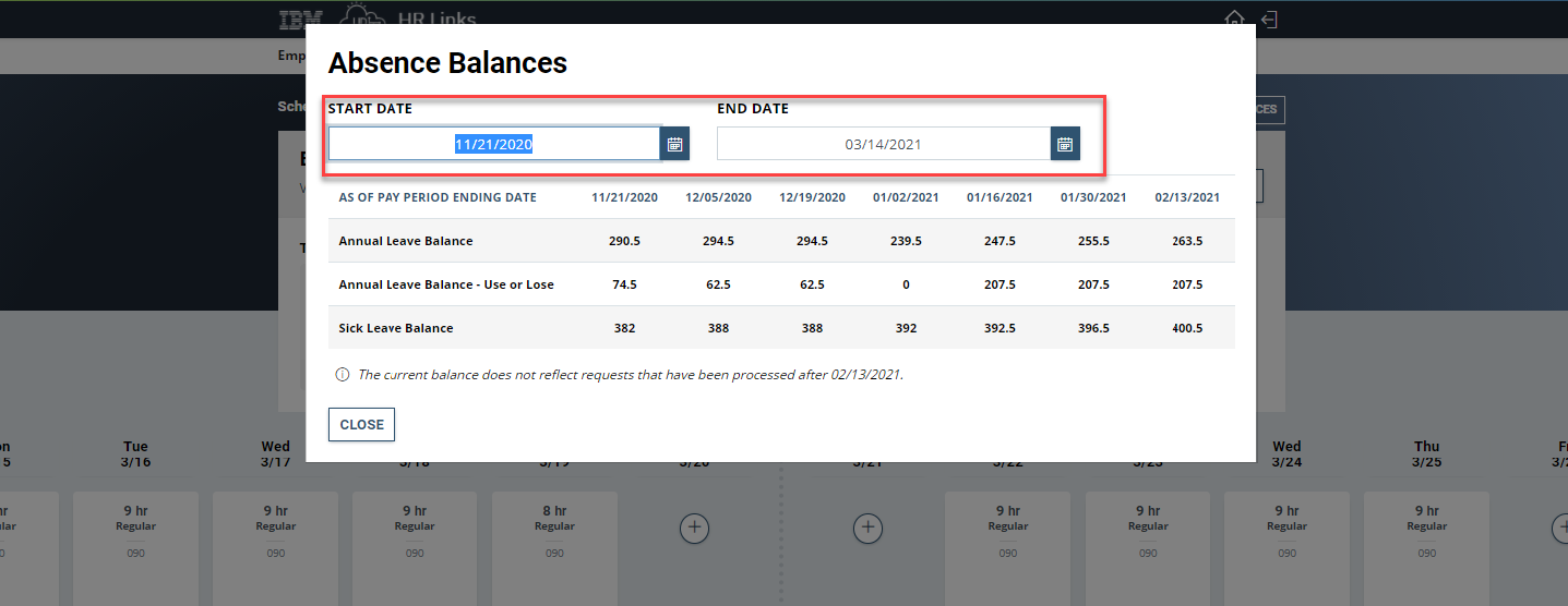 Screenshot of the absence balances page with start date highlighted