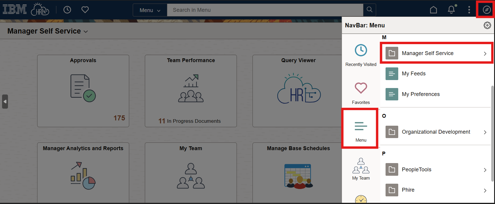 HR Links NavBar icon, Menu, and Manager Self Service link highlighted