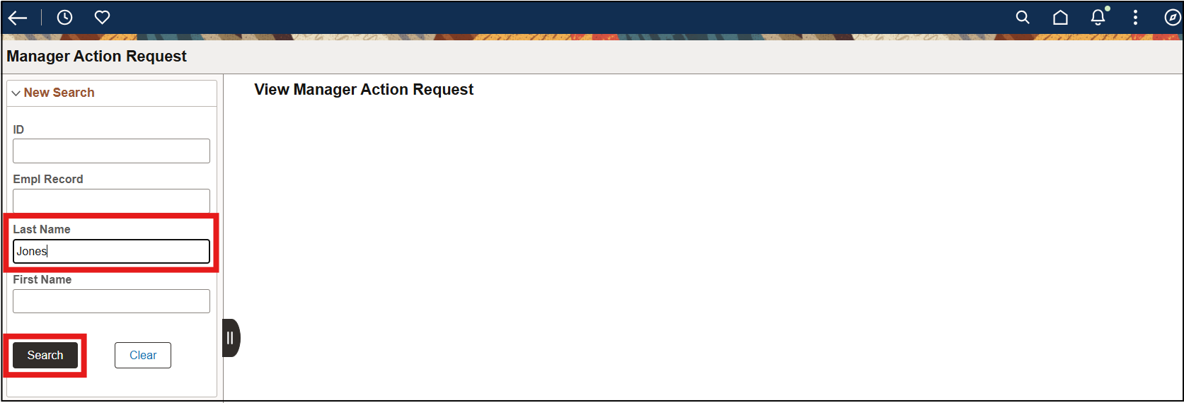 Screenshot of Manager Request Action with employee’s name and search button highlighted
