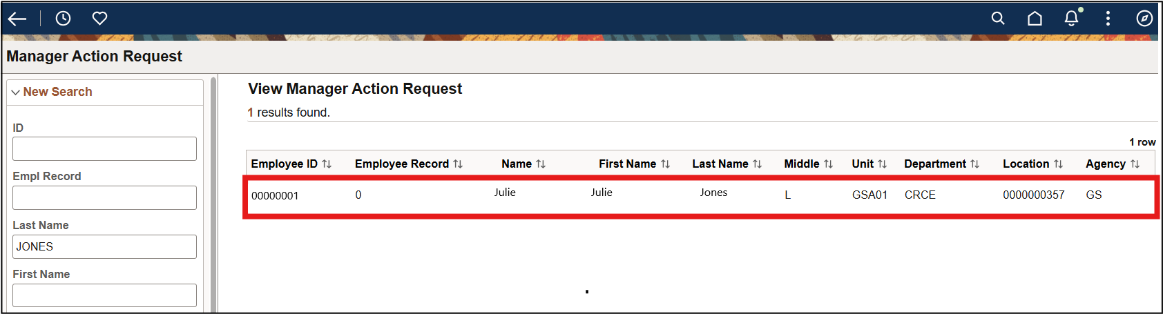 Screenshot of line with the employee’s name highlighted