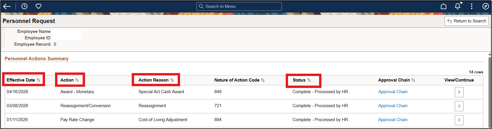 Screenshot of personal request screen with date, actions, reason, and status highlighted