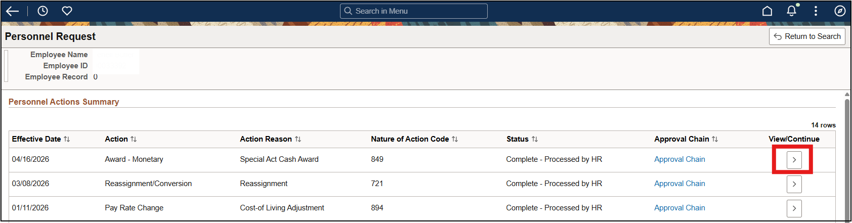 Screenshot of Self Service homepage with View Continue selected