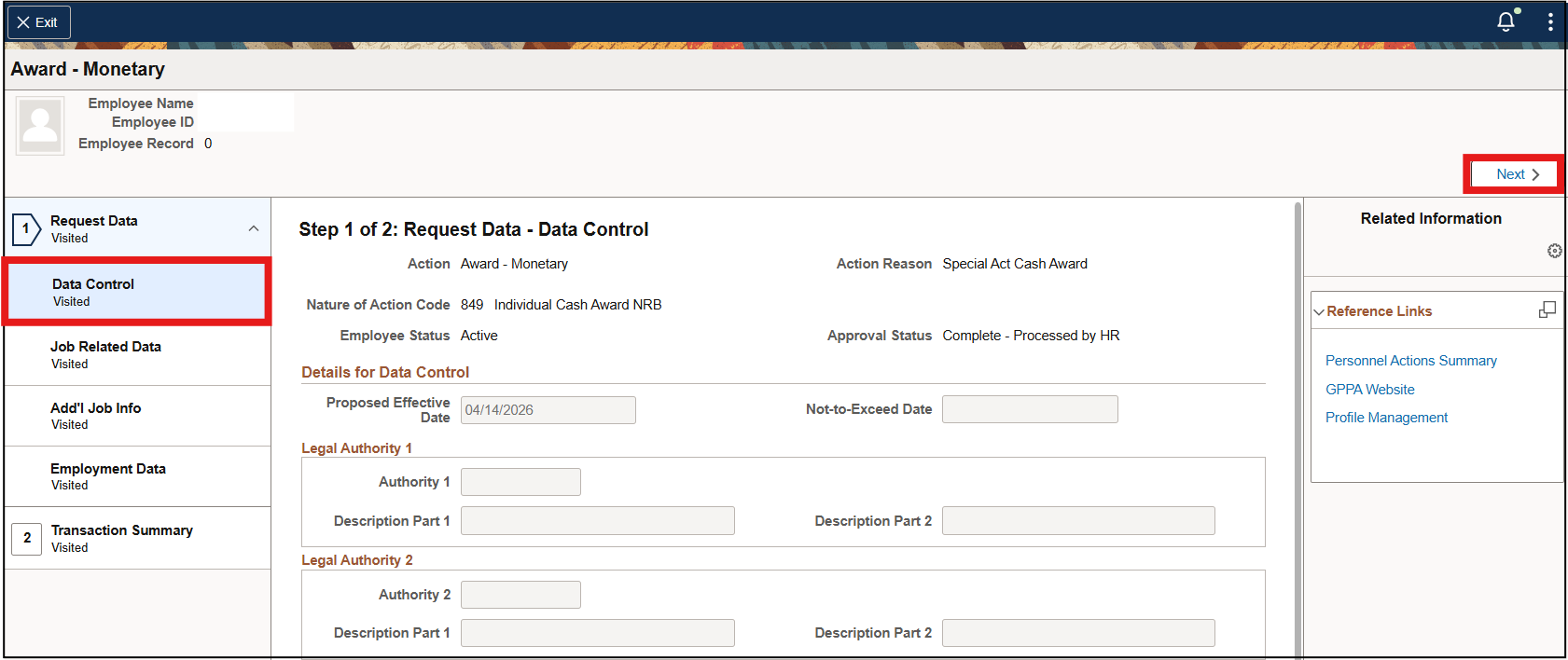 Screenshot of Data Control page with Next selected
