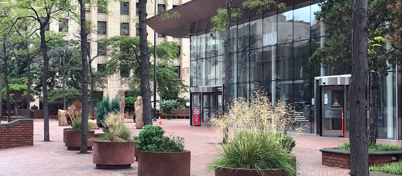 Glass building entrance with revolving doors, and trees, and red, round planters with grasses, and light color sculptures