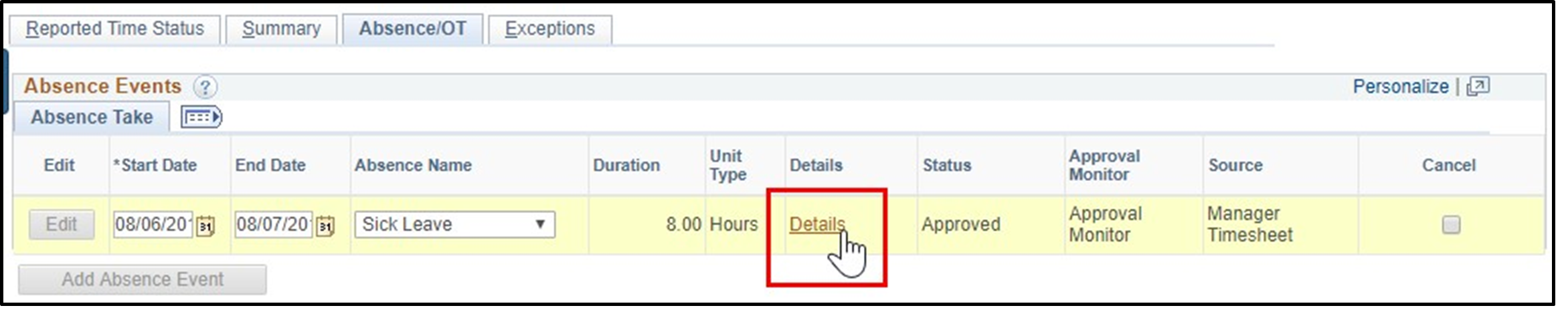 Timesheet entry of absence events tab with details link highlighted
