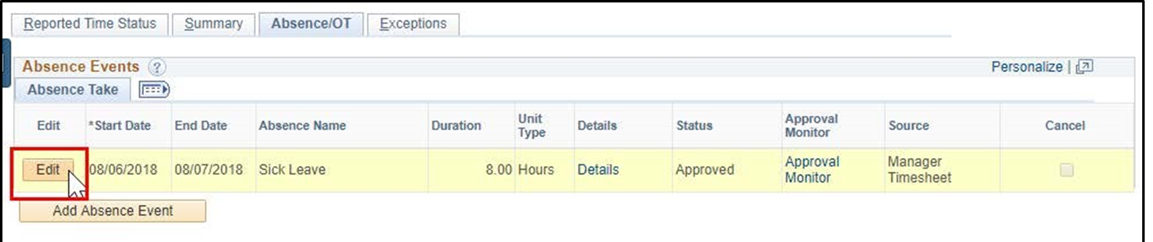 Timesheet entry of absence events tab with edit button highlighted
