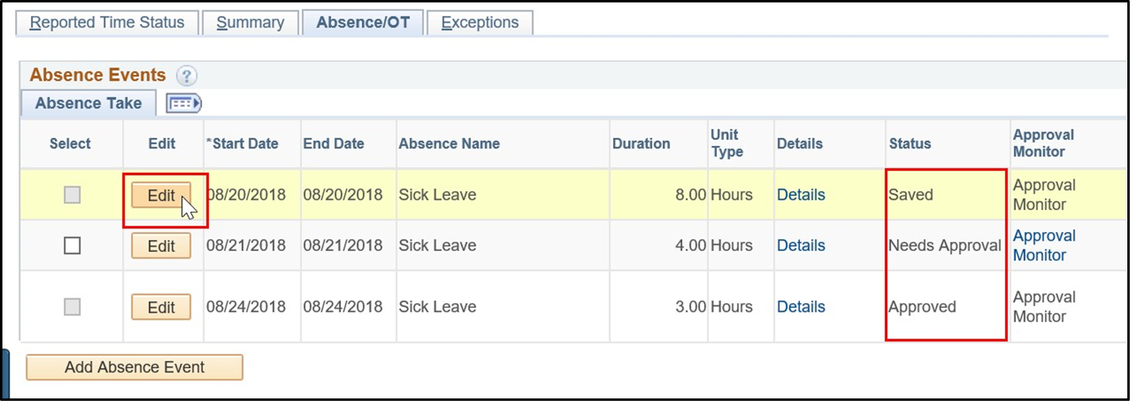 Timesheet entry for absence events with edit button and status column highlighted