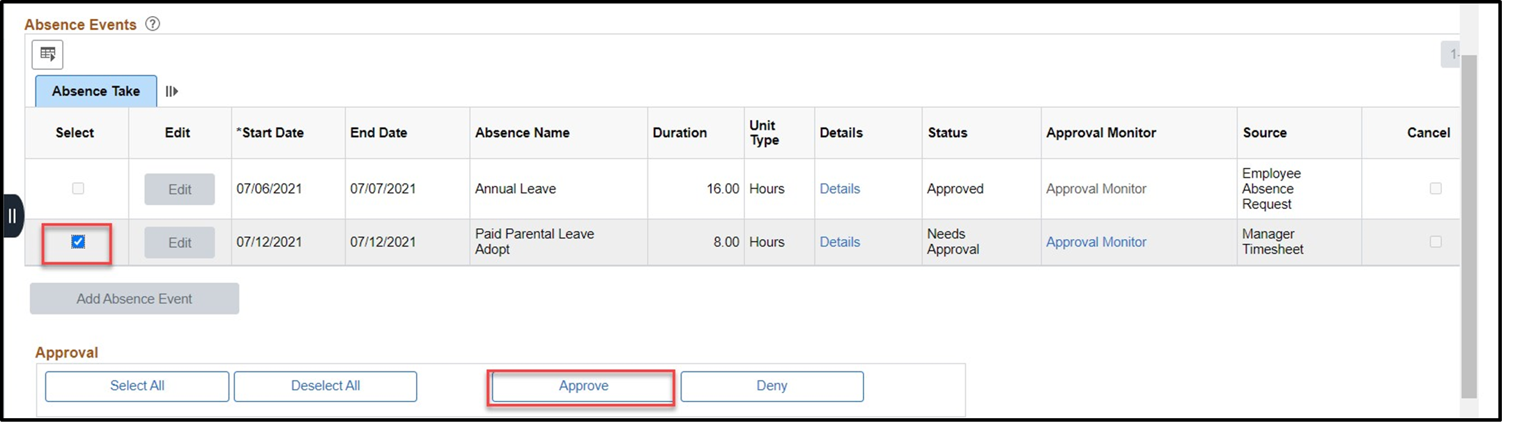 Timesheet entry with absence item row selected and approve button highlighted