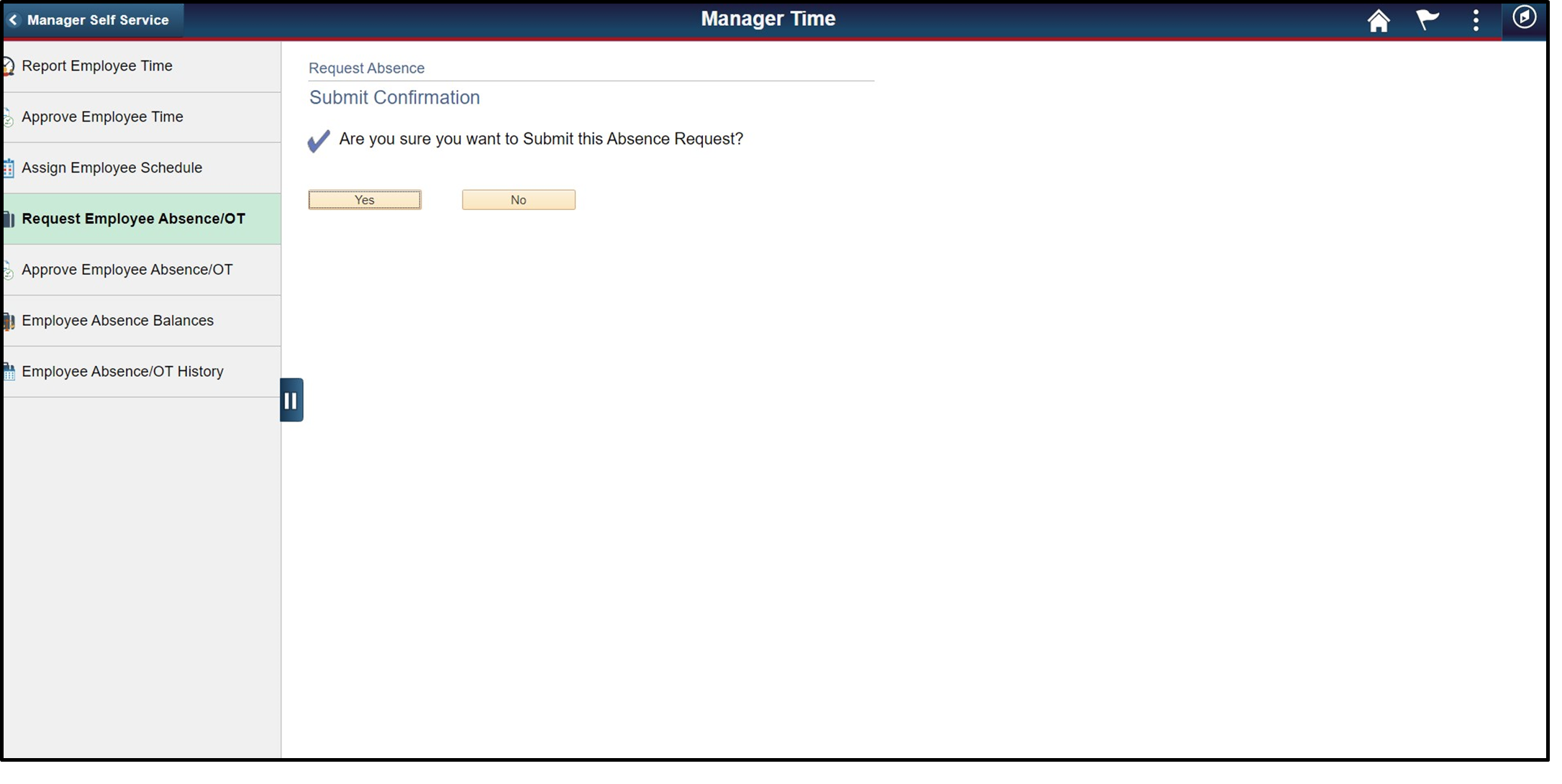 Timesheet entry of absence request confirmation page with yes button highlighted