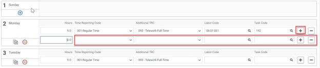 Timesheet entry with plus sign highlighted to show how to add a new task or labor code