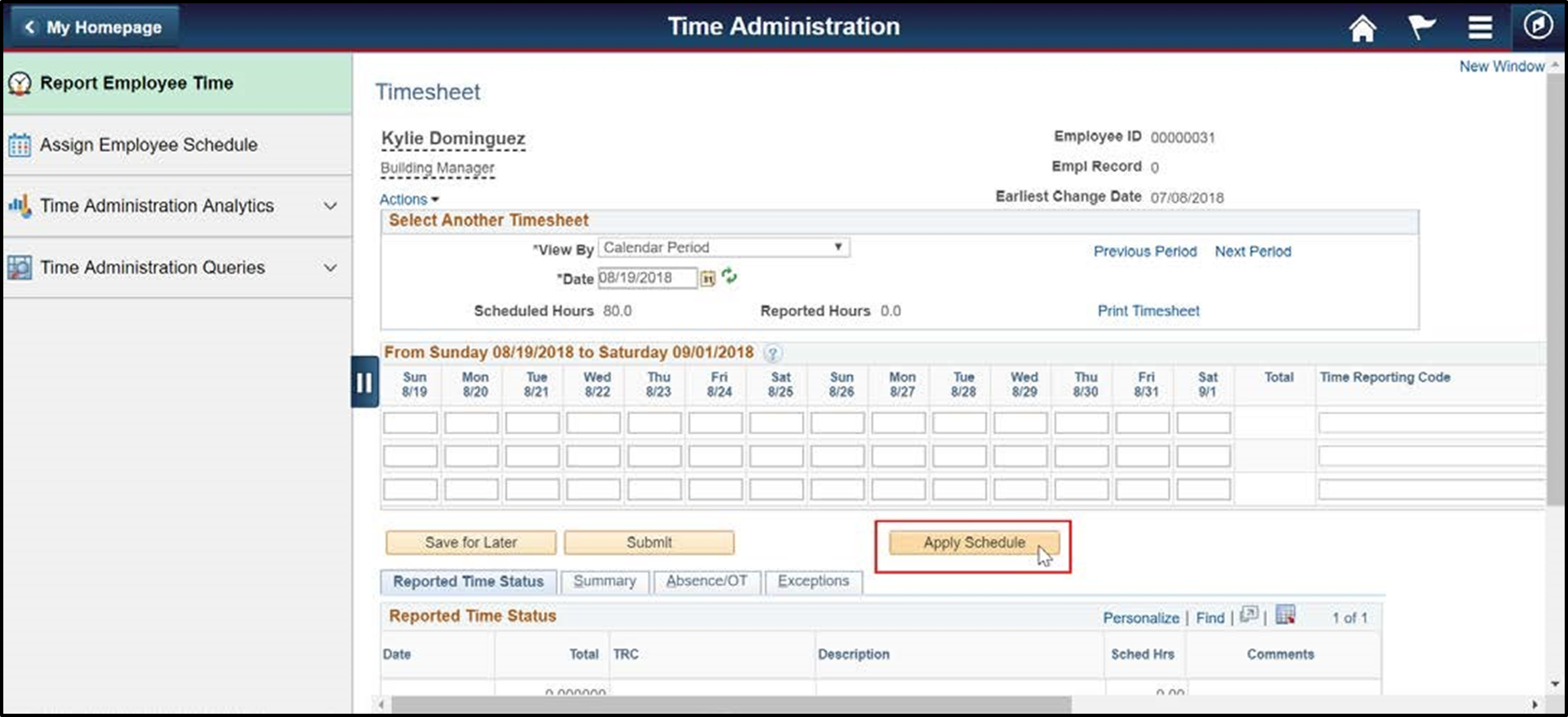 Timesheet entry with apply schedule button highlighted