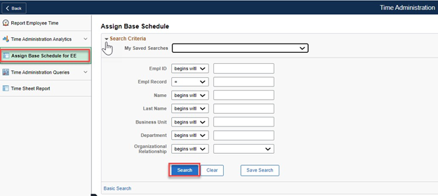 Timesheet entry with assign base schedule for EE and search button highlighted